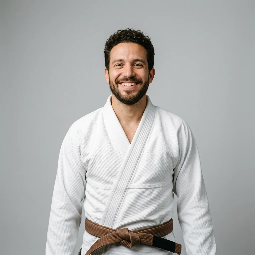 Hombre sonriente con un gi blanco de Jiu Jitsu