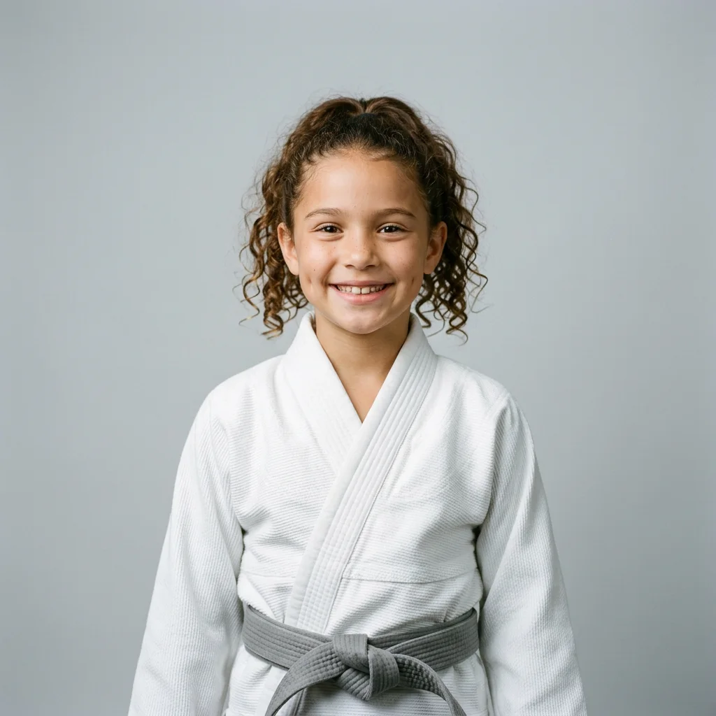 Niña sonriente con un gi blanco de Jiu Jitsu