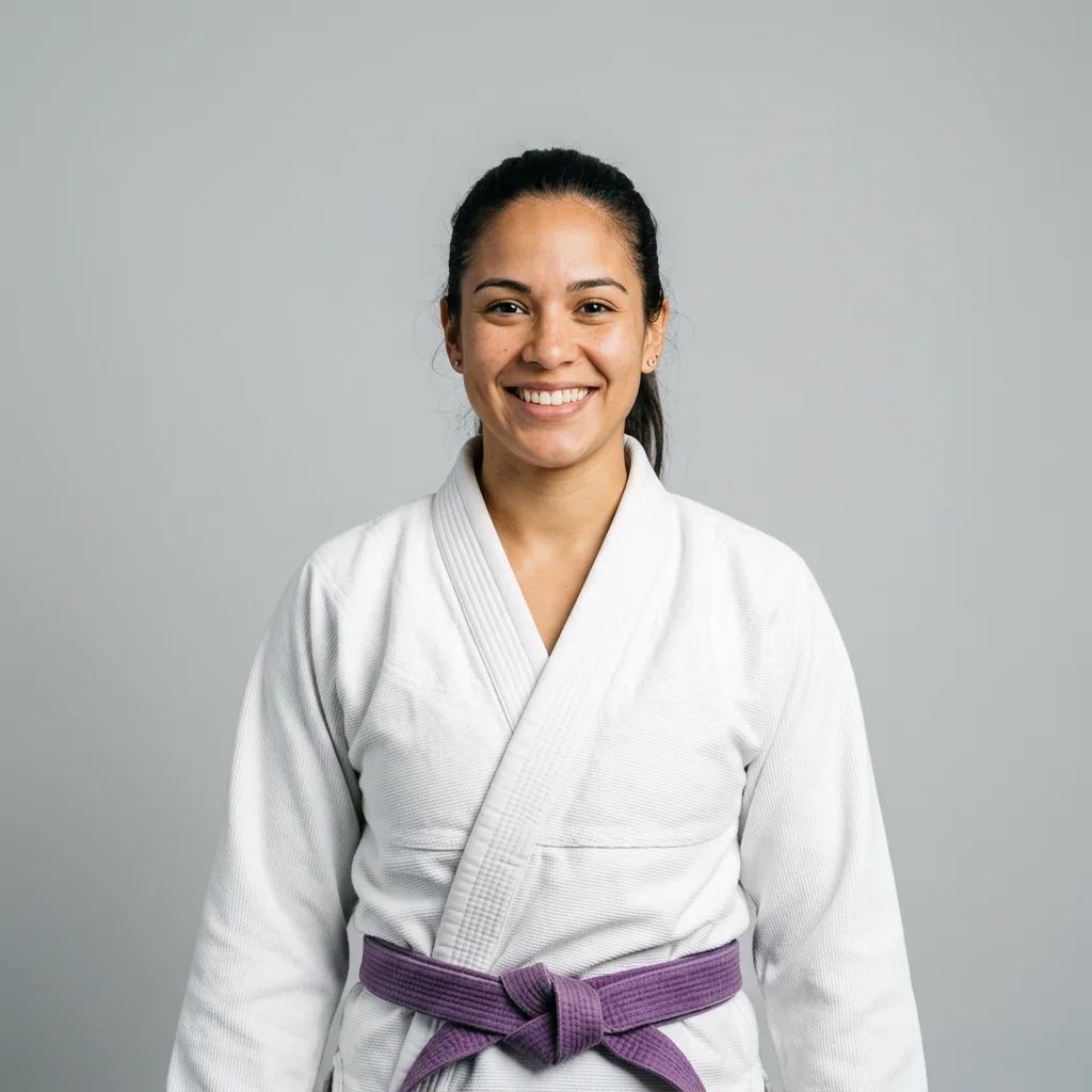 Mujer sonriente con un gi blanco de Jiu Jitsu